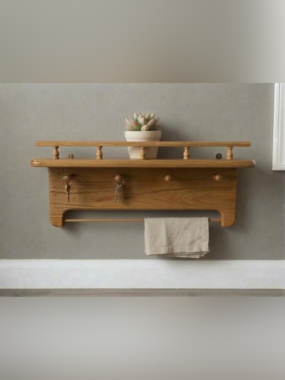 Gorgeous Vintage Solid Oak Wall Shelf with Shaker Pegs, Towel Bar & Spindle Rail